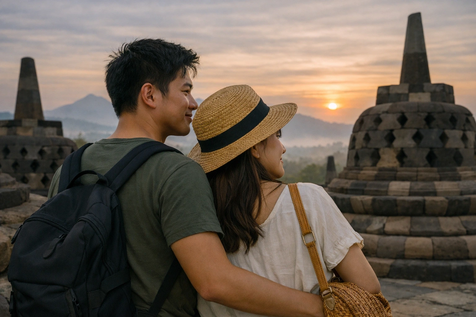 Couple watching sunrise at Borobudur