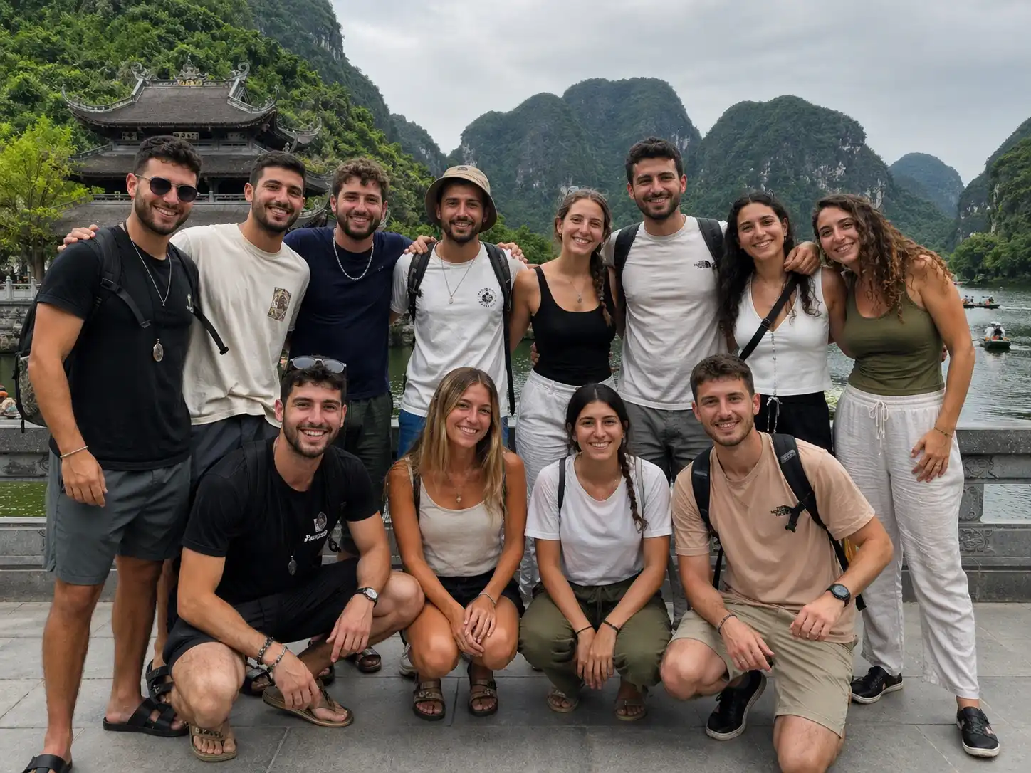 Travel group enjoying a Ninh Binh river boat tour