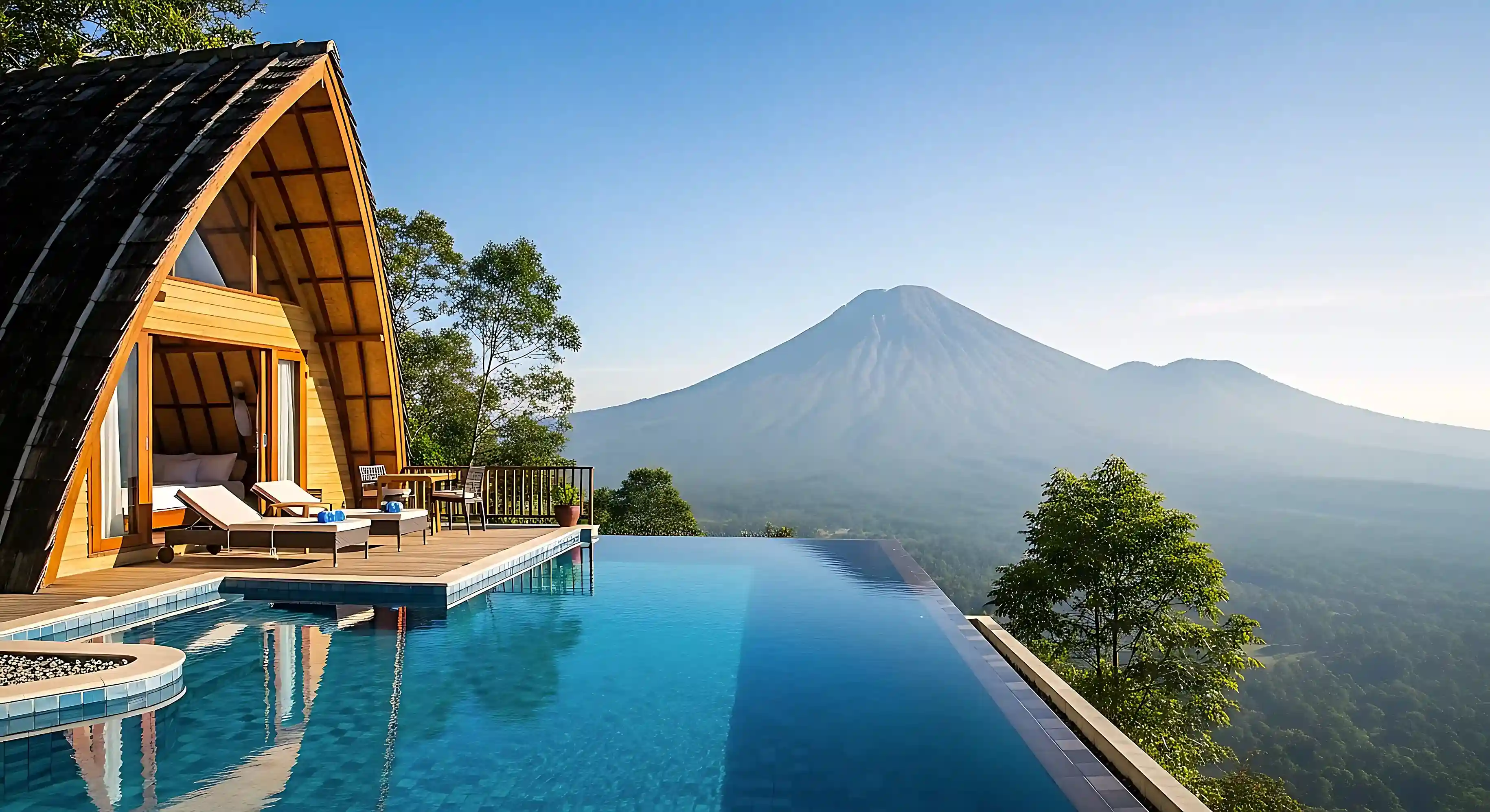 Infinity pool with cabin view