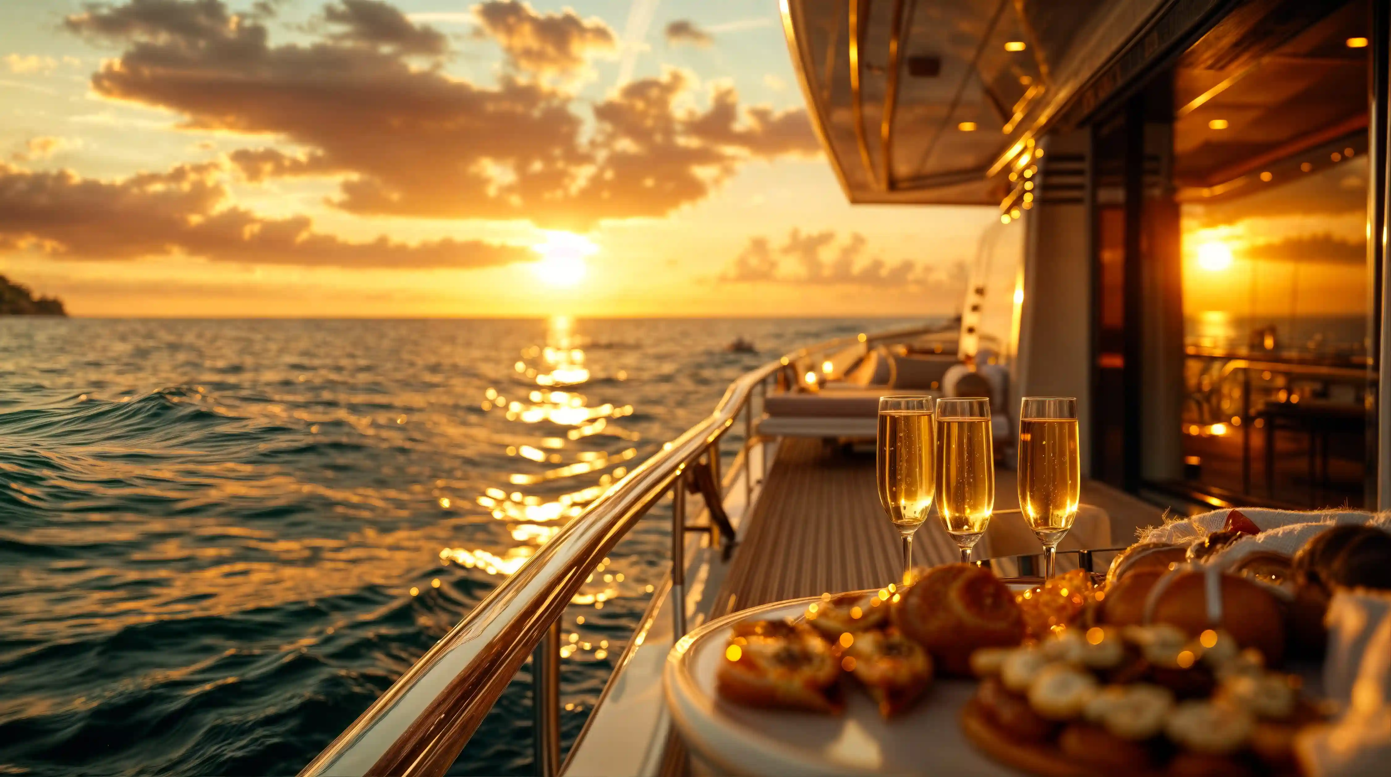 Champagne on a yacht at sunset