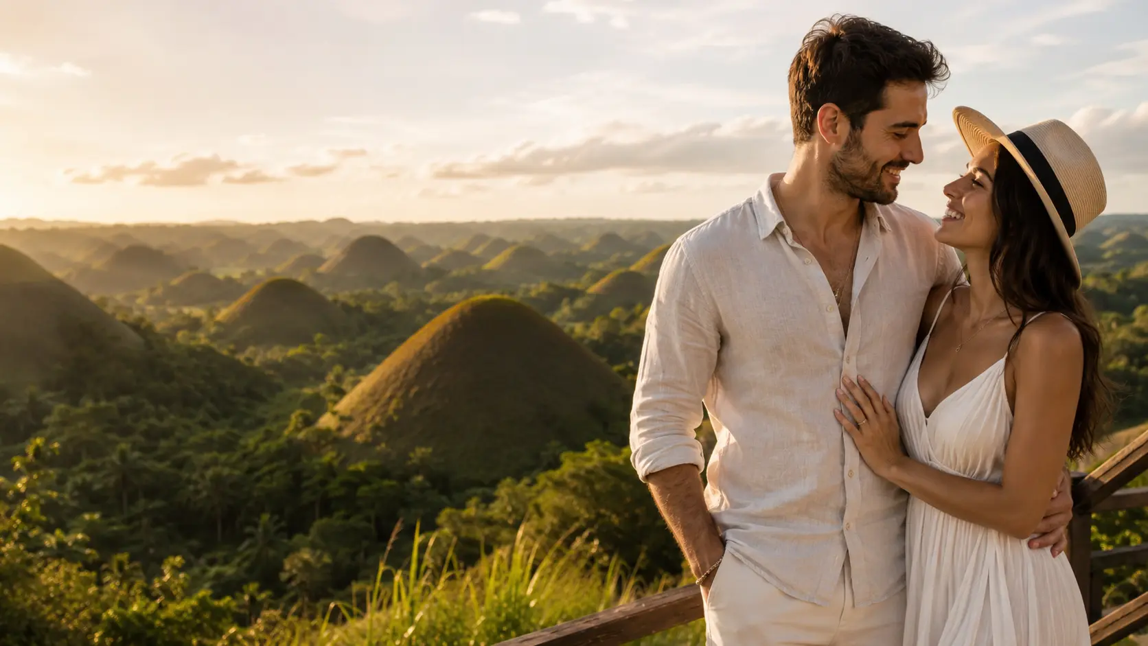 A couple at golden hour overlooking the Chocolate Hills of Bohol