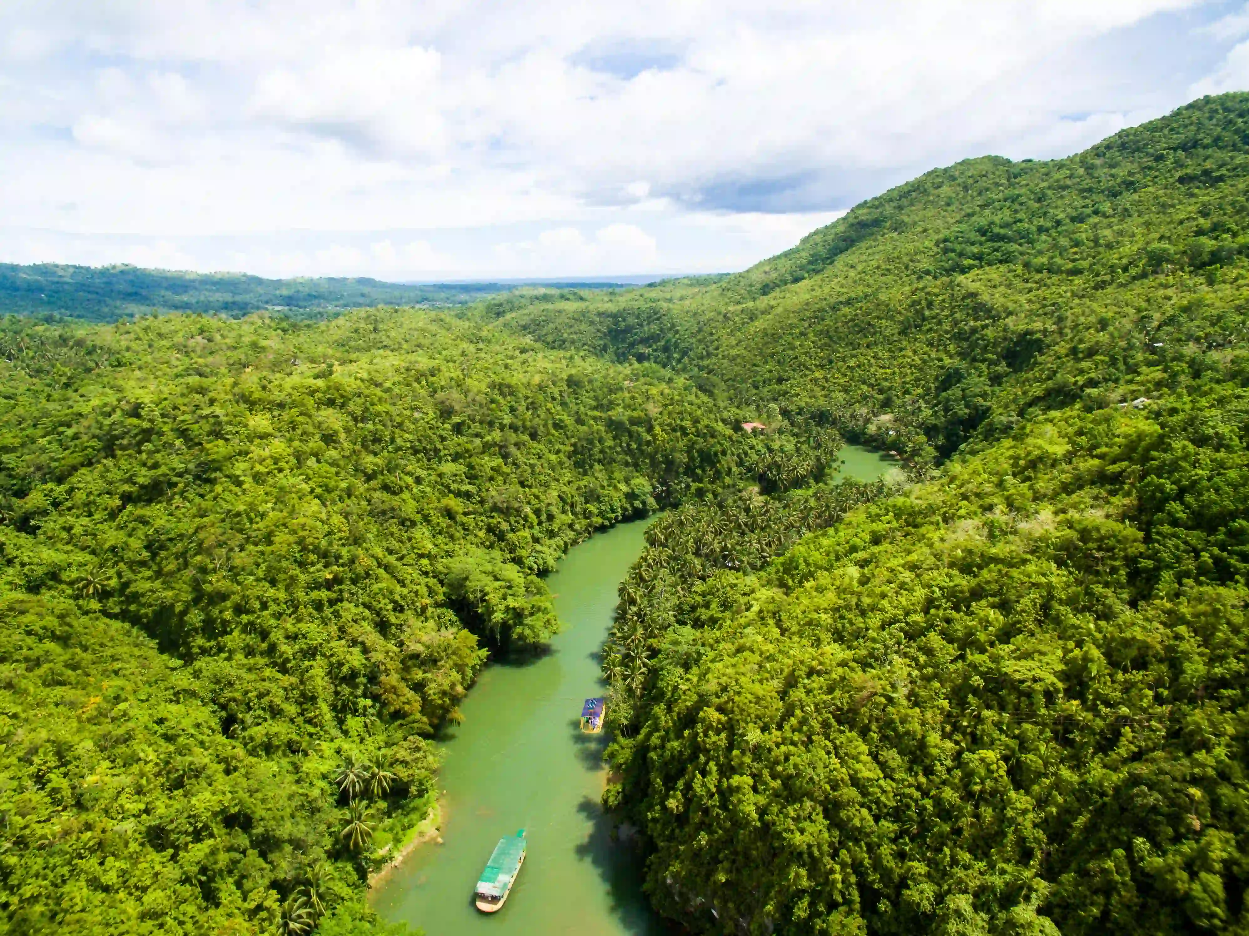 Aerial view of the emerald-green Loboc River winding through palm forest in Bohol