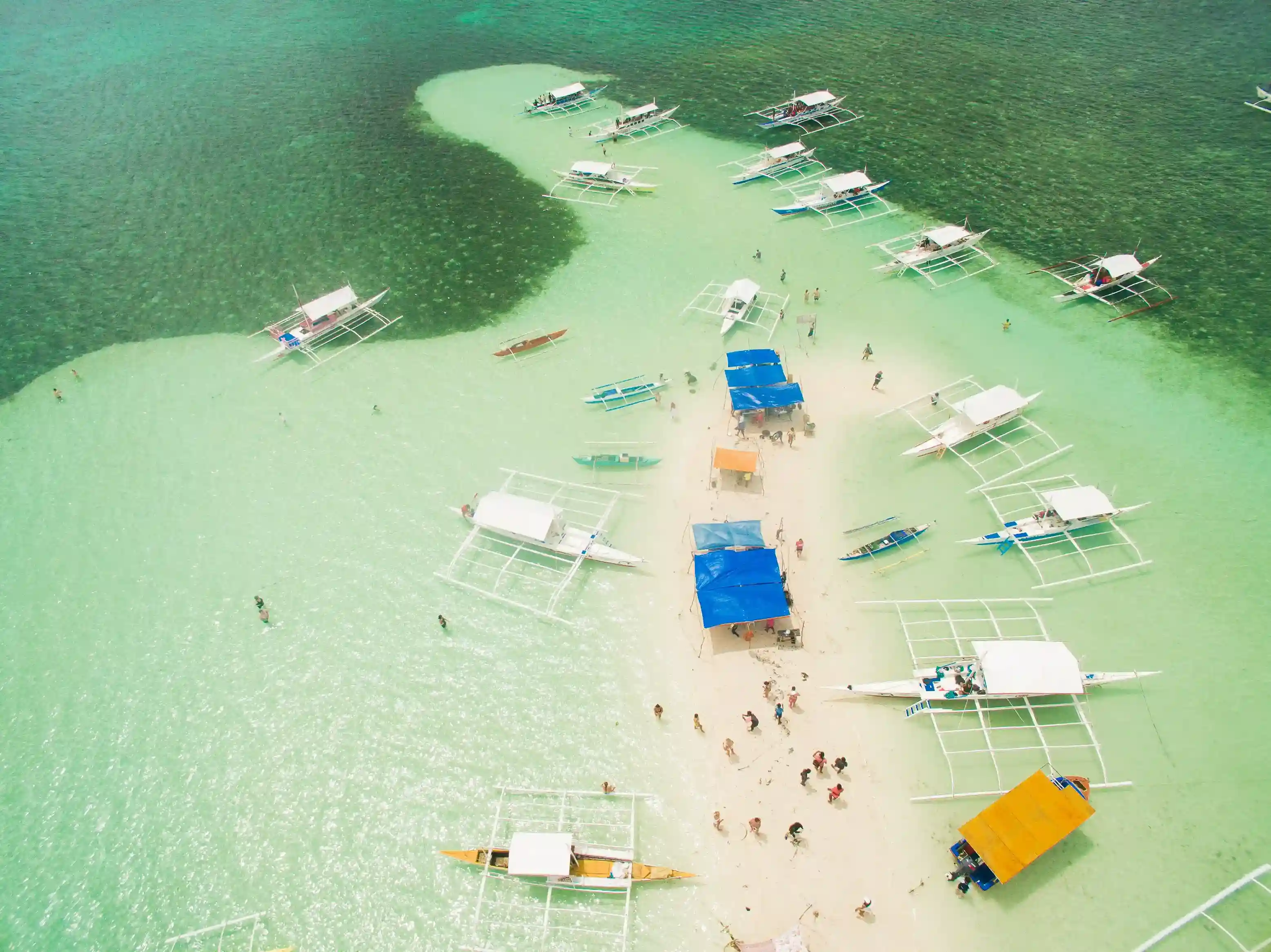 Aerial view of the white sandbar at Virgin Island curving through turquoise water near Bohol