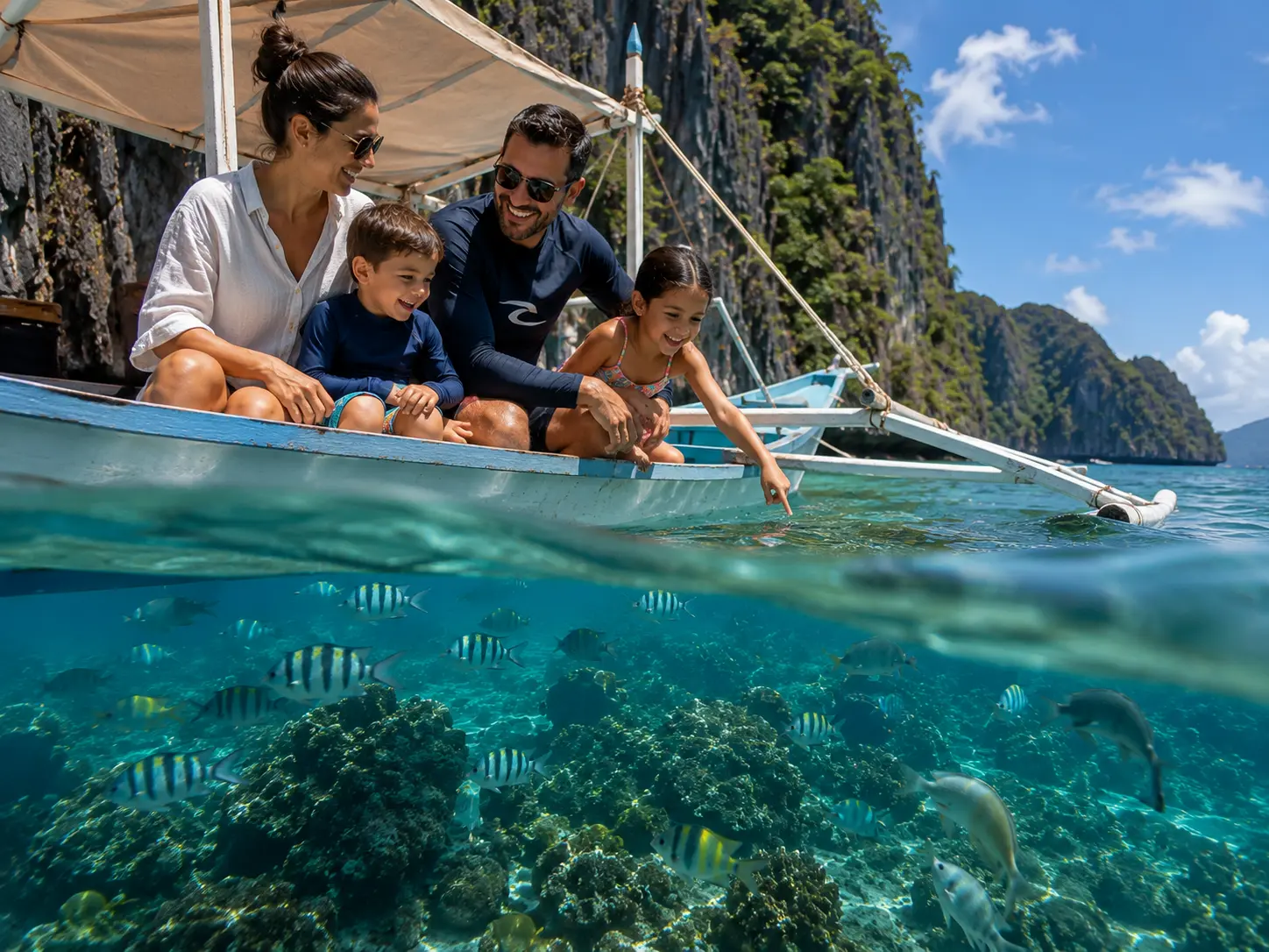 A family on the bow of an outrigger boat during an island-hopping day
